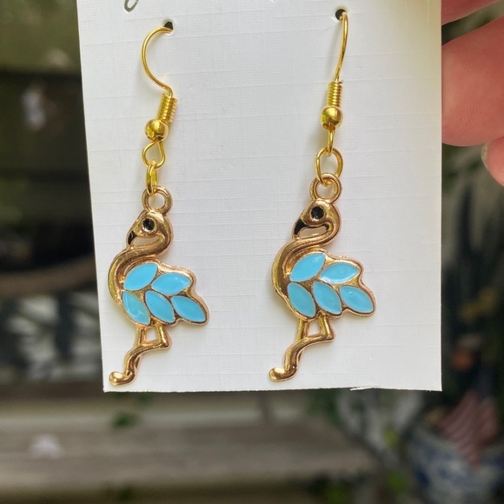 Gold and Blue Flamingo Earrings